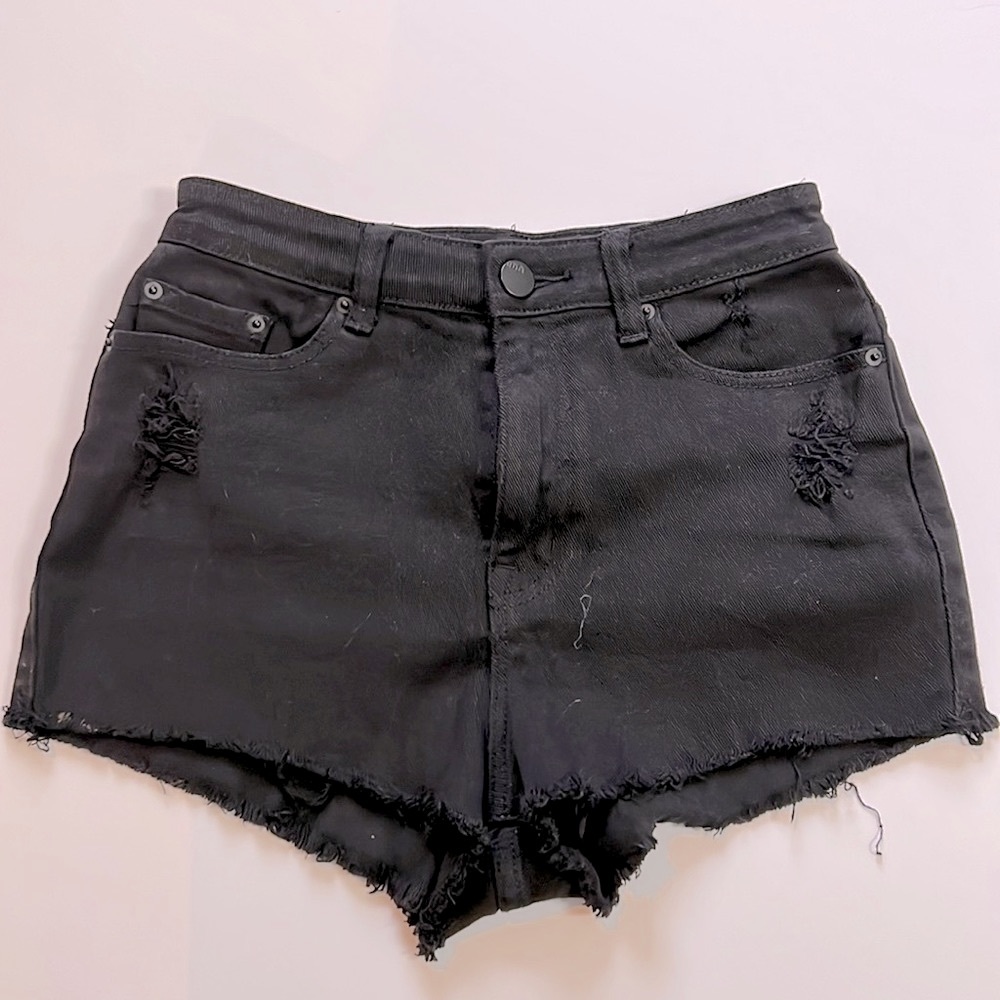 BDG high rise cheeky black cut off denim shorts sz 26
